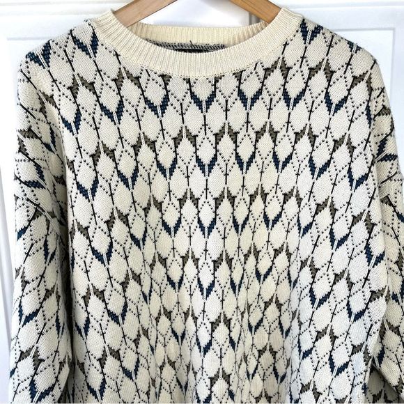 90s Y2K Generra Collection Mens Diamond Patterned Cream Sweater Size M - Picture 2 of 7